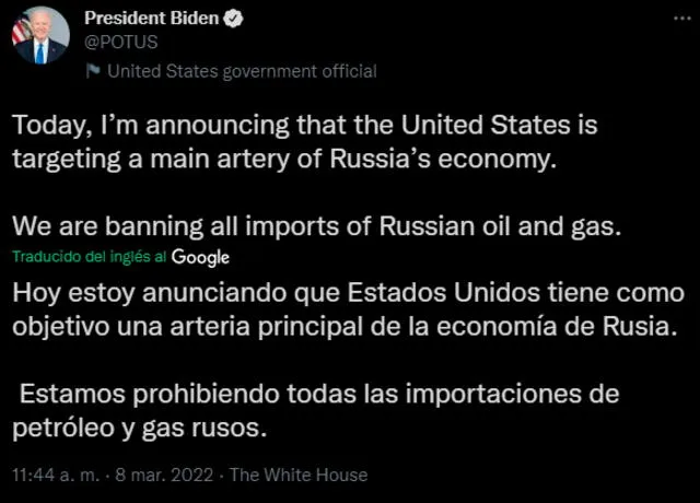 El mensaje de Joe Biden en su mensaje a la Nación. - FUENTE: Twitter.   