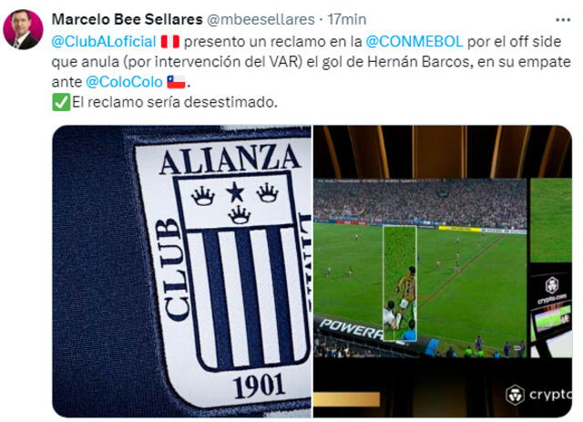 Alianza Lima presenta reclamo en Conmebol por gol anulado. / Foto: X.   