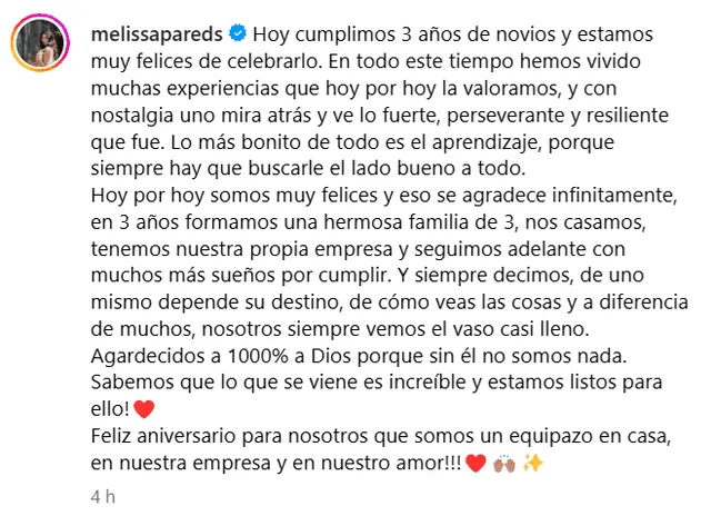 Melissa Paredes dedica extenso mensaje al cumplir 3 años con Anthony Aranda.  