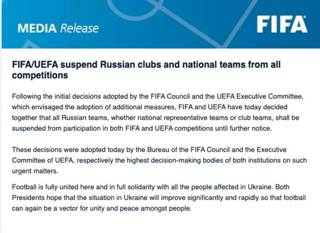 El comunicado de la FIFA que deja sin Mundial a Rusia. FUENTE: FIFA.   
