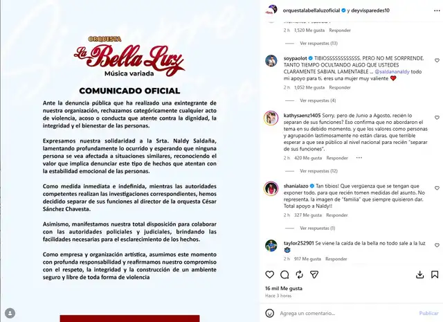 ¡LE DAN CON TODO! La Bella Luz recibe fuertes críticas tras emitir comunicado sobre la denuncia de Naldy Saldaña y separar a su director musical