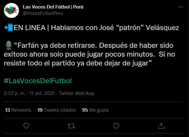 José Velásquez conversó con Las voces del fútbol y se refirió a Jefferson Farfán. | FUENTE: Twitter.   