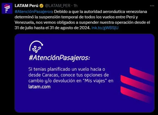 Latam Perú avisa la suspensión de vuelos a 