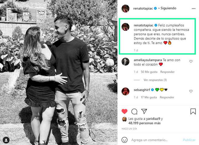 Renato Tapia y su mensaje de amor para su novia Andrea Cordero. | FUENTE: Instagram.   