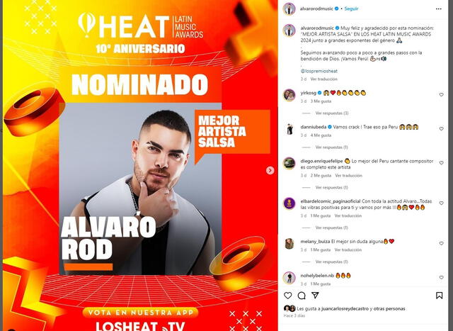 Álvaro Rod fue nominado a los Premios Heat 3024 en la categoría a Mejor artista salsa.