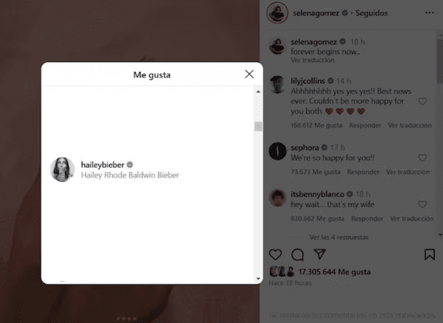 <em>Hailey Bieber y su reacción en post de Selena Gómez. Captura: Instagram </em> <em>Hailey Bieber y su reacción en post de Selena Gómez. Captura: Instagram </em>
