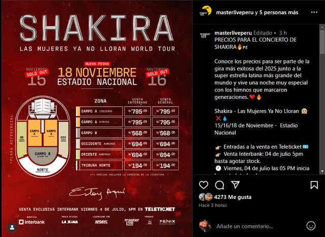 Preventa de entradas para el tercer concierto de Shakira en Lima Preventa de entradas para el tercer concierto de Shakira en Lima