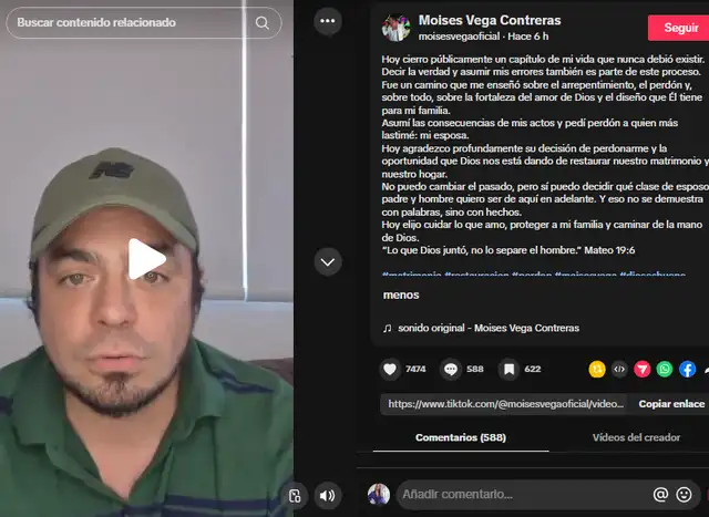 Moisés Vega asegura que su esposa perdonó infidelidad.