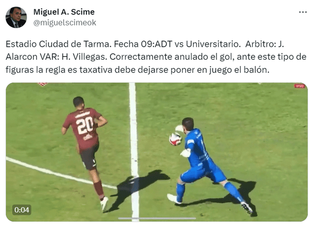  Miguel Scime se pronuncia sobre la polémica jugada y gol anulado contra Alex Valera. (Captura: Twitter)   