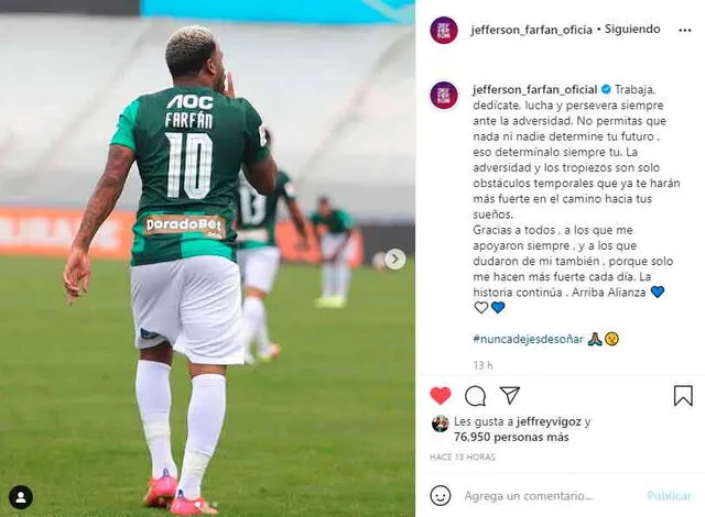 El mensaje de Jefferson Farfán luego de ser el héroe de Alianza Lima ante la UCV. | FUENTE: Instagram.   