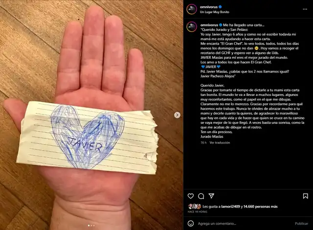 Javier Masías agradecido con carta de pequeño fanático de El Gran Chef Famosos. Javier Masías agradecido con carta de pequeño fanático de El Gran Chef Famosos.