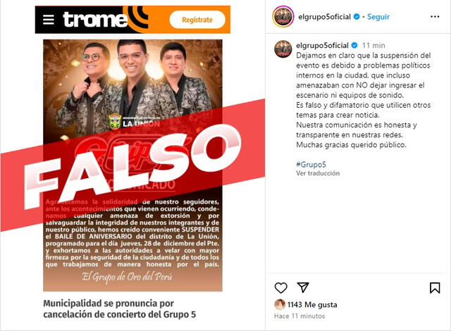 Grupo 5 rechaza comunicado falso sobre la suspensión del concierto en Piura.