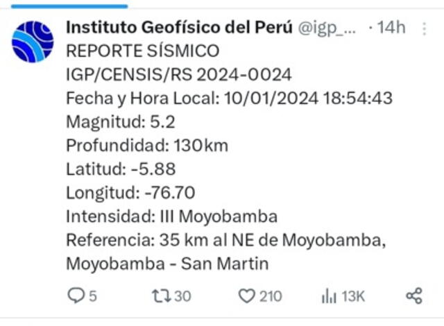 El último sismo en Perú ocurrió en San Martín hace 14 horas.   