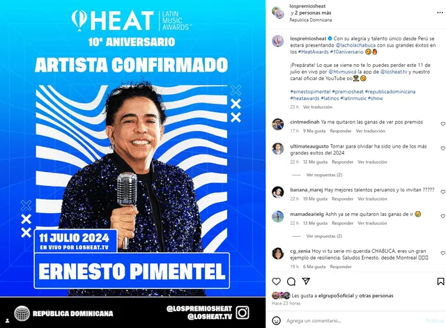 Ernesto Pimentel es anunciado como artista confirmado en los Premios Heat 2024.  