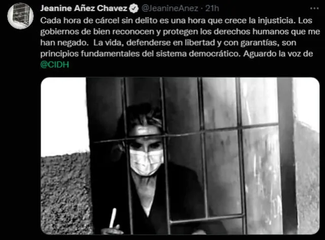 El mensaje de Jeanine Áñez desde la cárcel. | FUENTE: Twitter.   