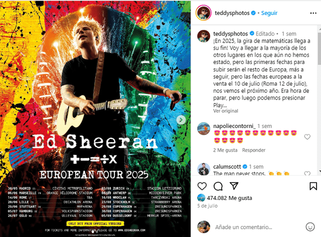 Ed Sheeran tour 2024 Europa GUÍA COMPLETA: precios de entradas, fechas y países de su gira 'Mathematics'