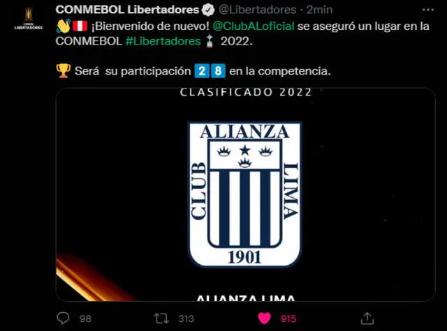 Conmebol felicitó a Alianza Lima por clasificar a la Copa Libertadores 2022. | FUENTE: Twitter.   