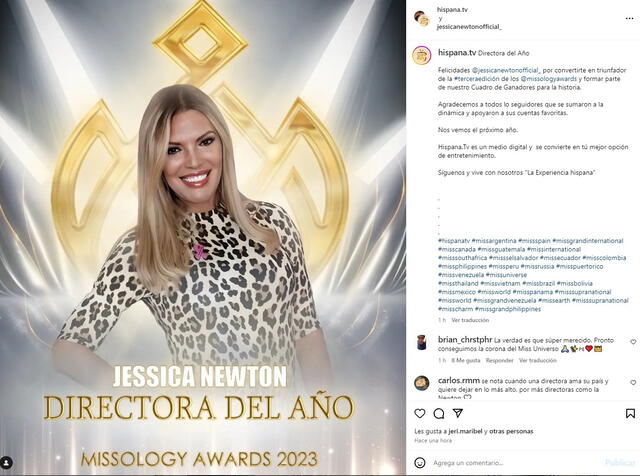 Jessica Newton resaltó en los Missology Awards / Instagram Hispana TV.