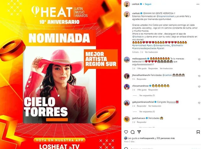 Cielo Torres es nominada en los Premios Heat 2024 en la categoría a Mejor artista región sur.