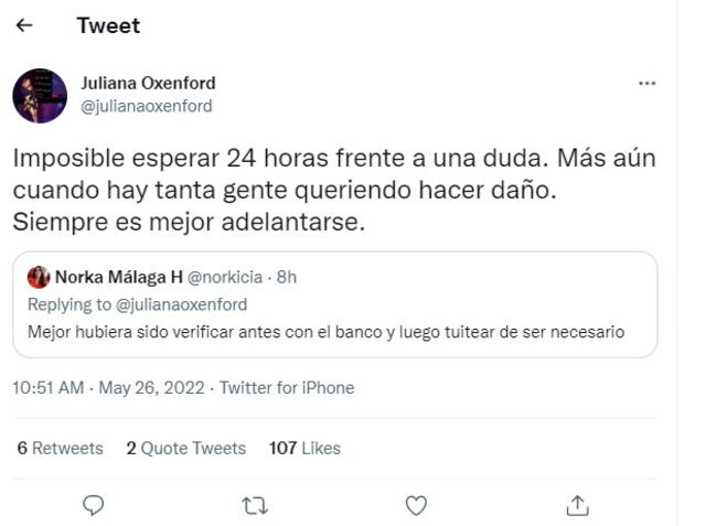 Crédito: Captura de pantalla de cuenta de Twitter de Juliana Oxenford.   