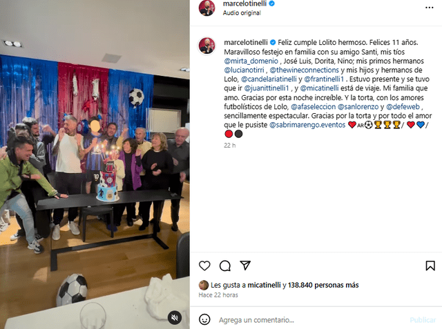 <em>Marcelo Tinelli reveló quiénes estuvieron en el cumpleaños de su hijo. Captura: Instagram</em>   