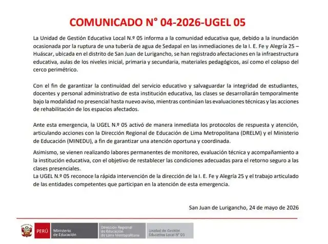 Minedu toma drástica decisión con las actividades escolares tras inundación en colegio. Minedu toma drástica decisión con las actividades escolares tras inundación en colegio.