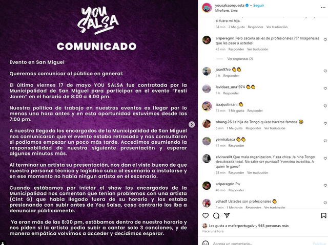 You Salsa publica comunicado tras polémica con Cint G, hija de Tongo, durante concierto en San Miguel.