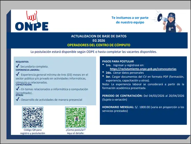 ONP anuncia convocatoria de trabajo. Foto: ONPE.   