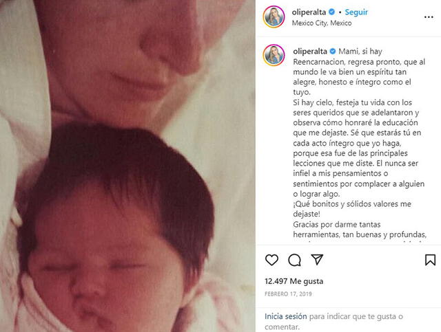 Olivia Peralta dando a conocer que su madre falleció. Foto: Instagram 