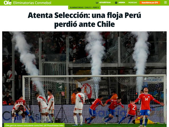 Olé informó acerca de la caída de Perú ante Chile.