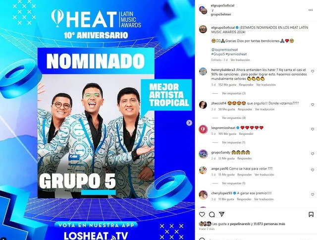 El Grupo 5 fue nominado a los Premios Heat 3024 en la categoría a Mejor artista tropical.