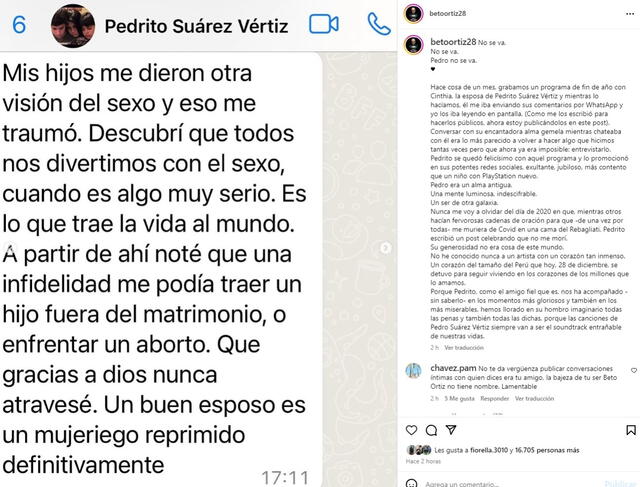 Beto Ortiz es cuestionado tras revelar chats que tuvo con Pedro Suárez Vértiz.