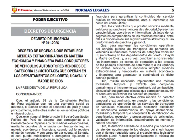 Decreto de Urgencia N.° 011-2026. Decreto de Urgencia N.° 011-2026.