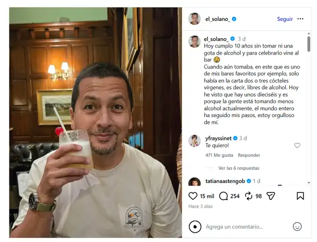 Actor Carlos Solano revela que hace 10 años dejó de beber alcohol y se muestra orgulloso. Foto: Instagram.   
