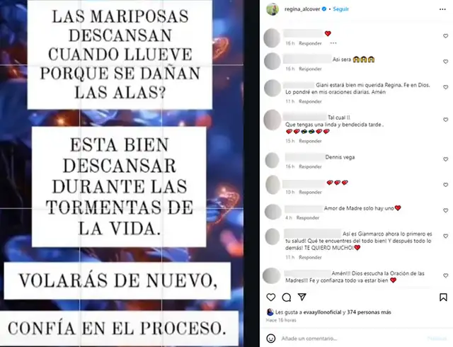 Publicación de Regina Alcóver tras video de Gian Marco.  
