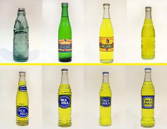  La botela de Inka Cola ha tenido varios cambios a lo largo del tiempo. Crédito: deperu.com.   