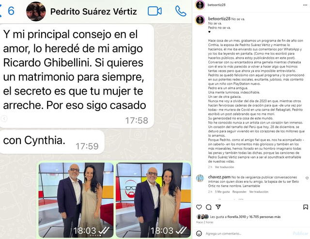 Beto Ortiz es cuestionado tras revelar chats que tuvo con Pedro Suárez Vértiz.