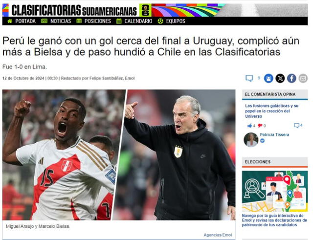 Prensa chilena sobre el triunfo de Perú sobre Uruguay