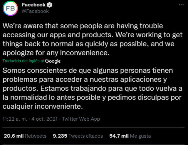 Facebook pidió disculpas vía Twitter porque su red social no funciona. | FUENTE: Twitter.   