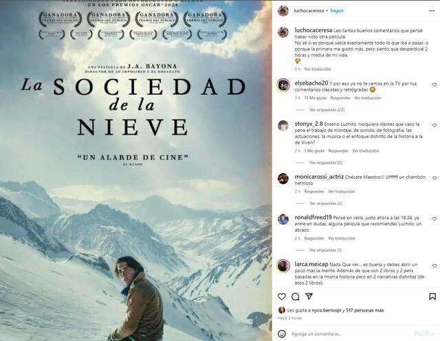 Lucho Cáceres y su crítica a 'La sociedad de la nieve'.