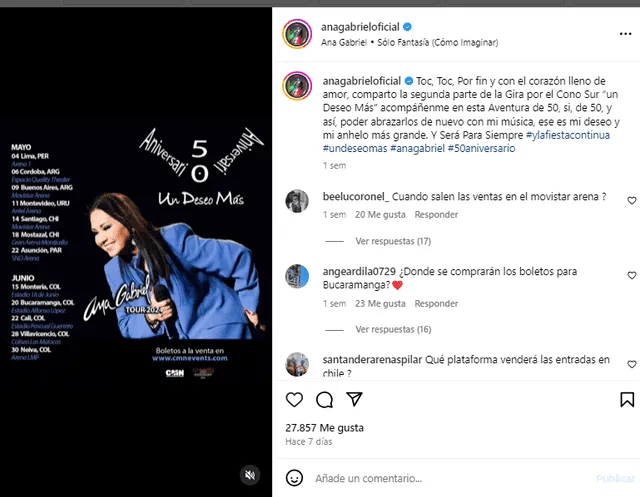 Ana Gabriel incluye al Perú en su gira Un deseo más.
