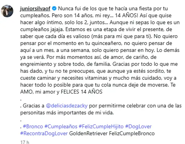  Actor Junio Silva comparte sensible mensaje tras celebrar 14 años de su fiel amigo Bronco.   