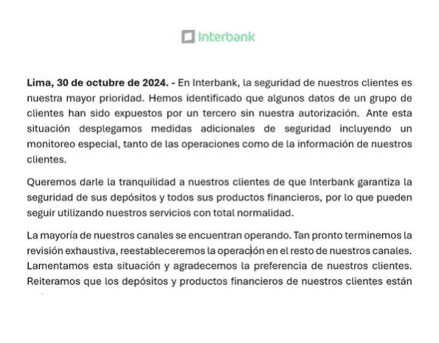 Interbank emite comunicado sobre la caída de su sistema