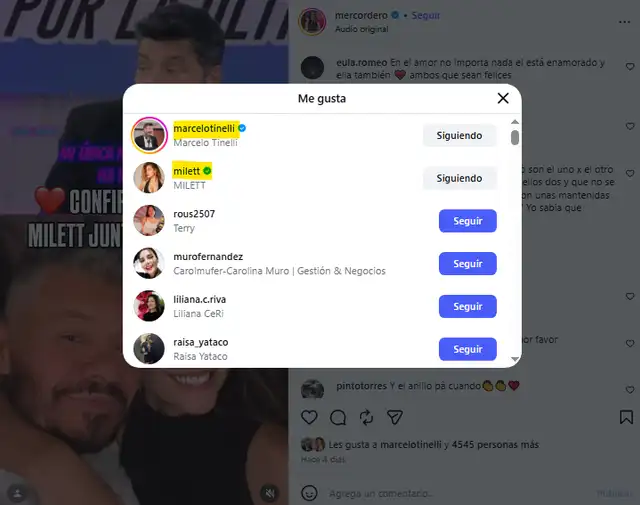 Marcelo Tinelli y Milett Figueroa le dan 'Me gusta' a publicación que confirma reconciliación.