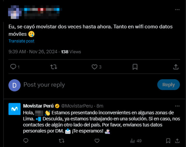 Movistar afirma que están trabajando en la solución.