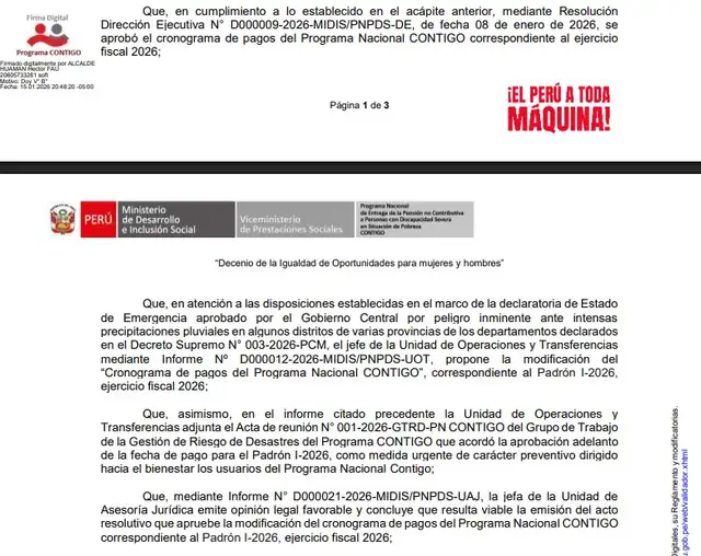 Dirección Ejecutiva N° D000015-2026-MIDIS confirma el adelanto de este pago.