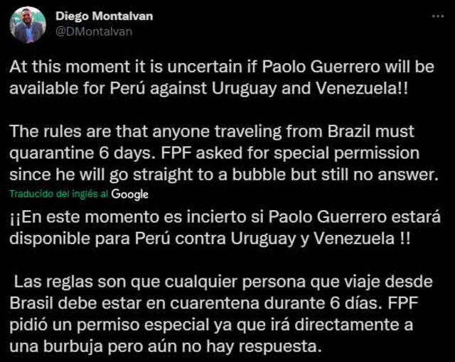 Paolo Guerrero estaría en serios problemas para estar en el Perú vs. Uruguay. | FUENTE: Twitter. 