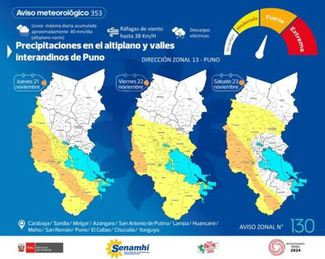 Puno presentará fuertes lluvias desde este 21 al 23 de noviembre.