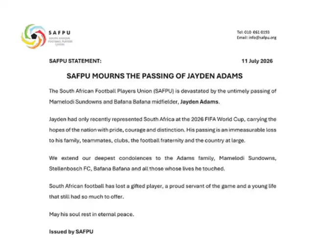 Fallece Jayden Adams, reconocido futbolista que debutó con Sudáfrica en el Mundial 2026 Fallece Jayden Adams, reconocido futbolista que debutó con Sudáfrica en el Mundial 2026