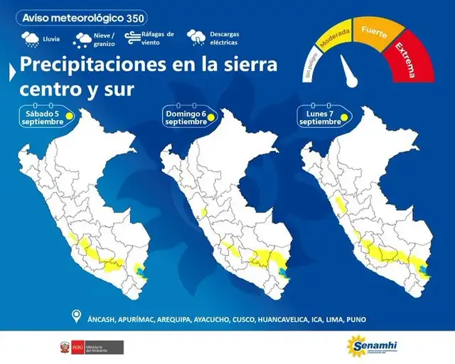 Senamhi advierte tres días de lluvia, descargas eléctricas y nieve en 39 regiones.